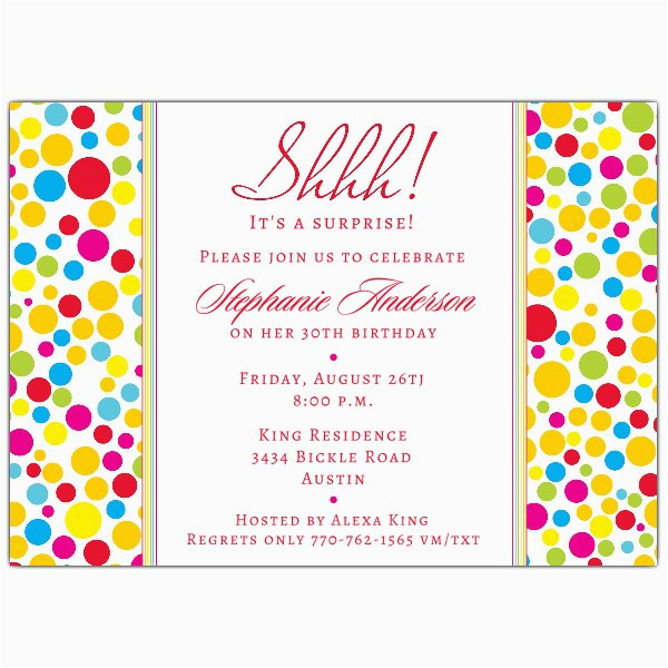 colorful dots red surprise birthday invitations p 610 75 131r