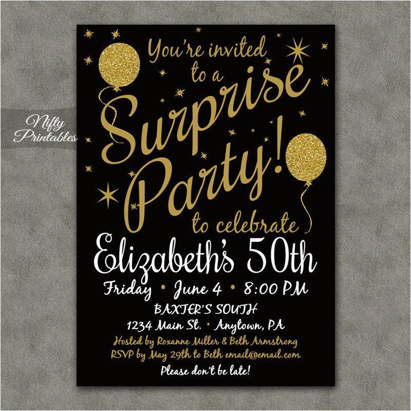 surprise party invitations printable black gold surprise