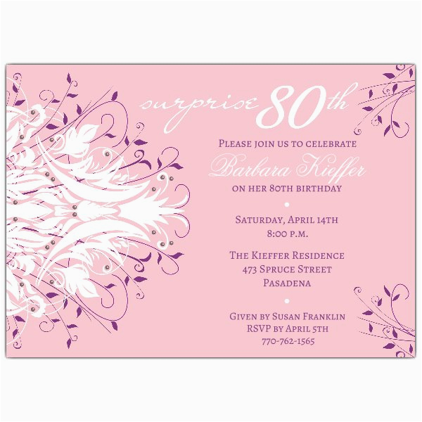 andromeda pink surprise 80th birthday invitations p 610 75 195p