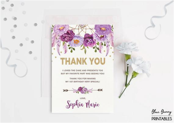 purple and gold floral birthday thank you card boho