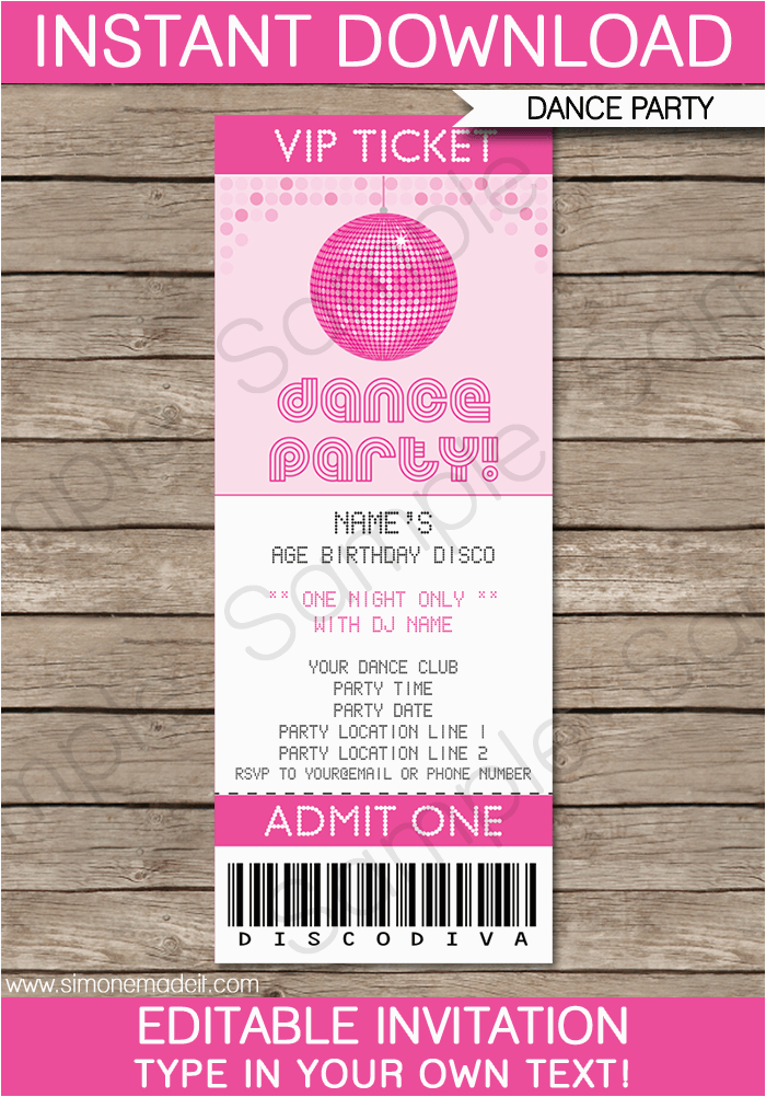 dance party ticket invitations birthday