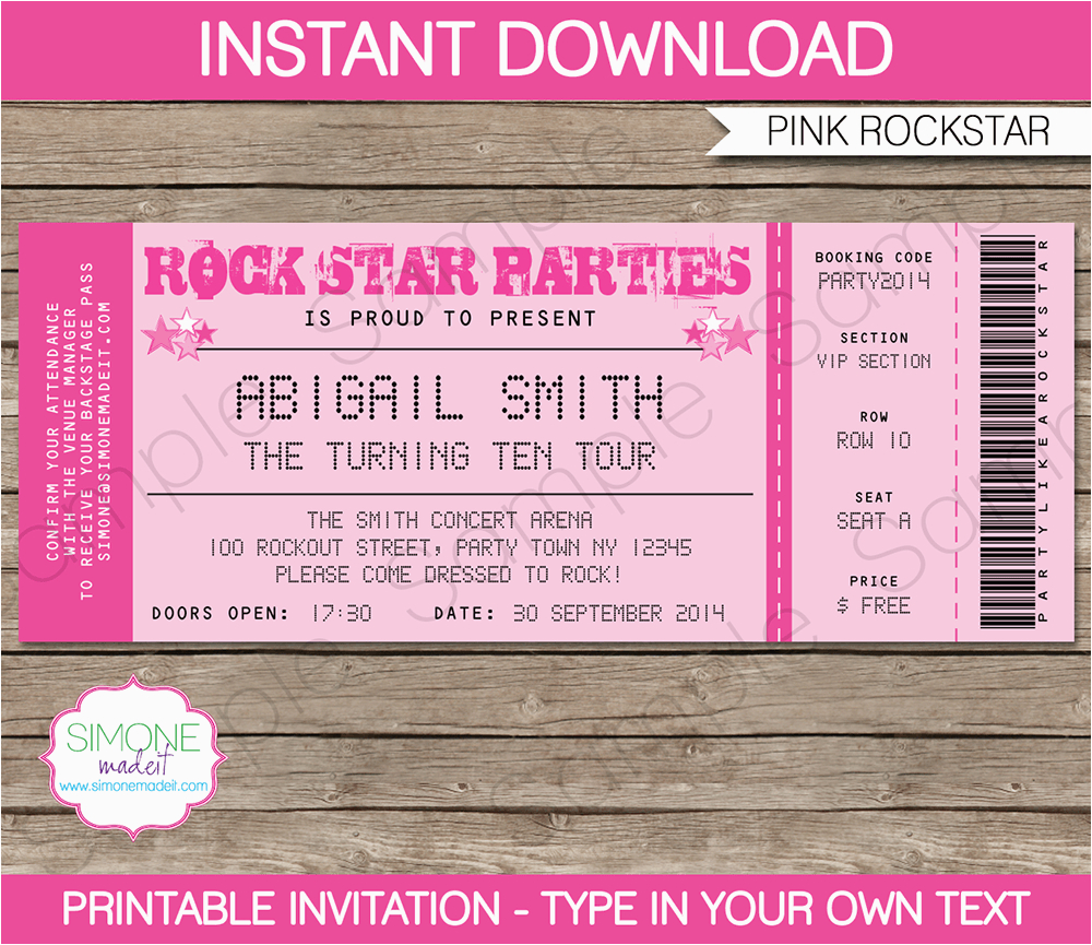 rockstar birthday party ticket invitations pink