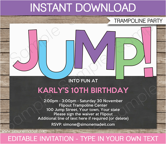 trampoline birthday party invitations girls