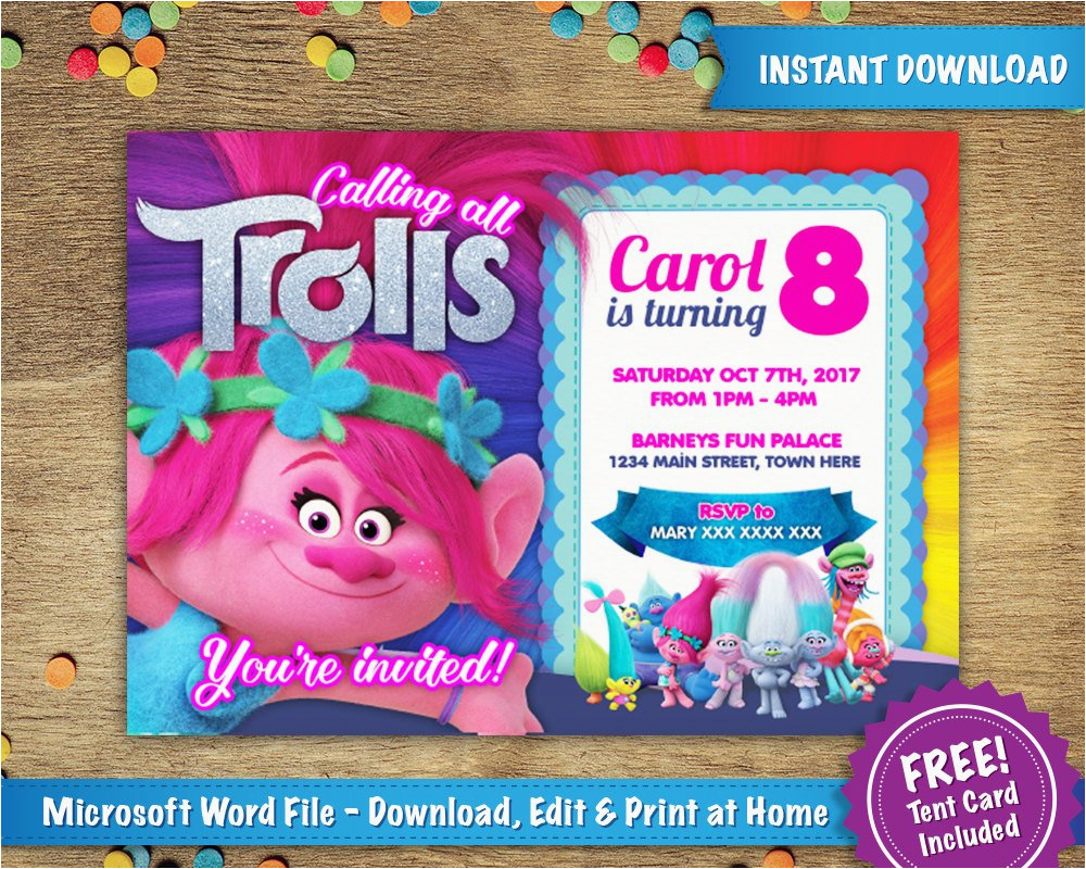 diy printable 5x7 trolls poppy birthday party invitation