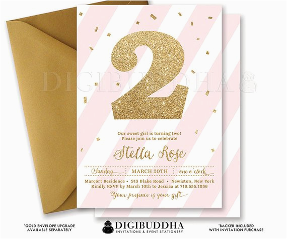 pink gold glitter invitation second birthday blush