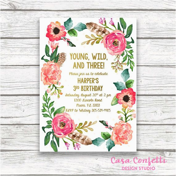 young wild and three girl birthday invitation by