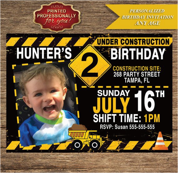 under construction birthday invitation personalized photo