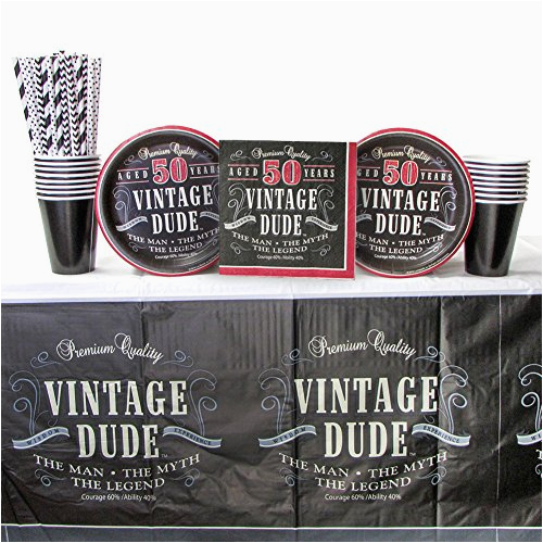 vintage dude 50th birthday party supplies pack for 16 guests straws dessert plates luncheon napkins cups and tablecover bundle for 16