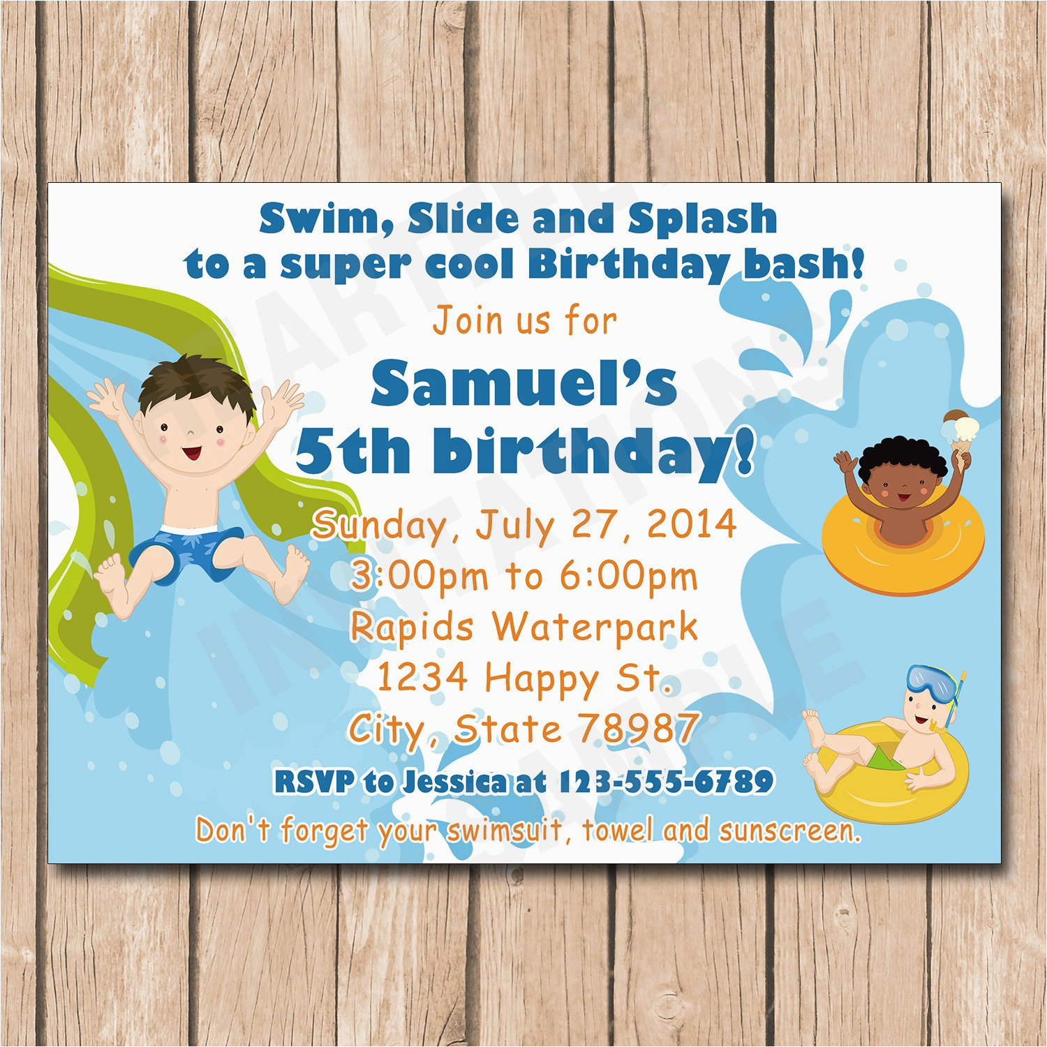waterpark birthday party invitation boy or girl water park