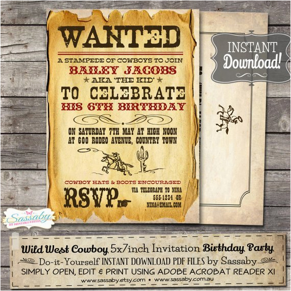 wild west cowboy boys party invitation