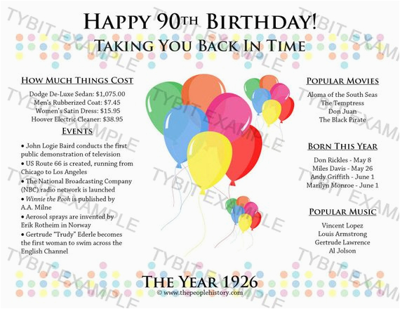 happy 90th birthday 1926 print or party