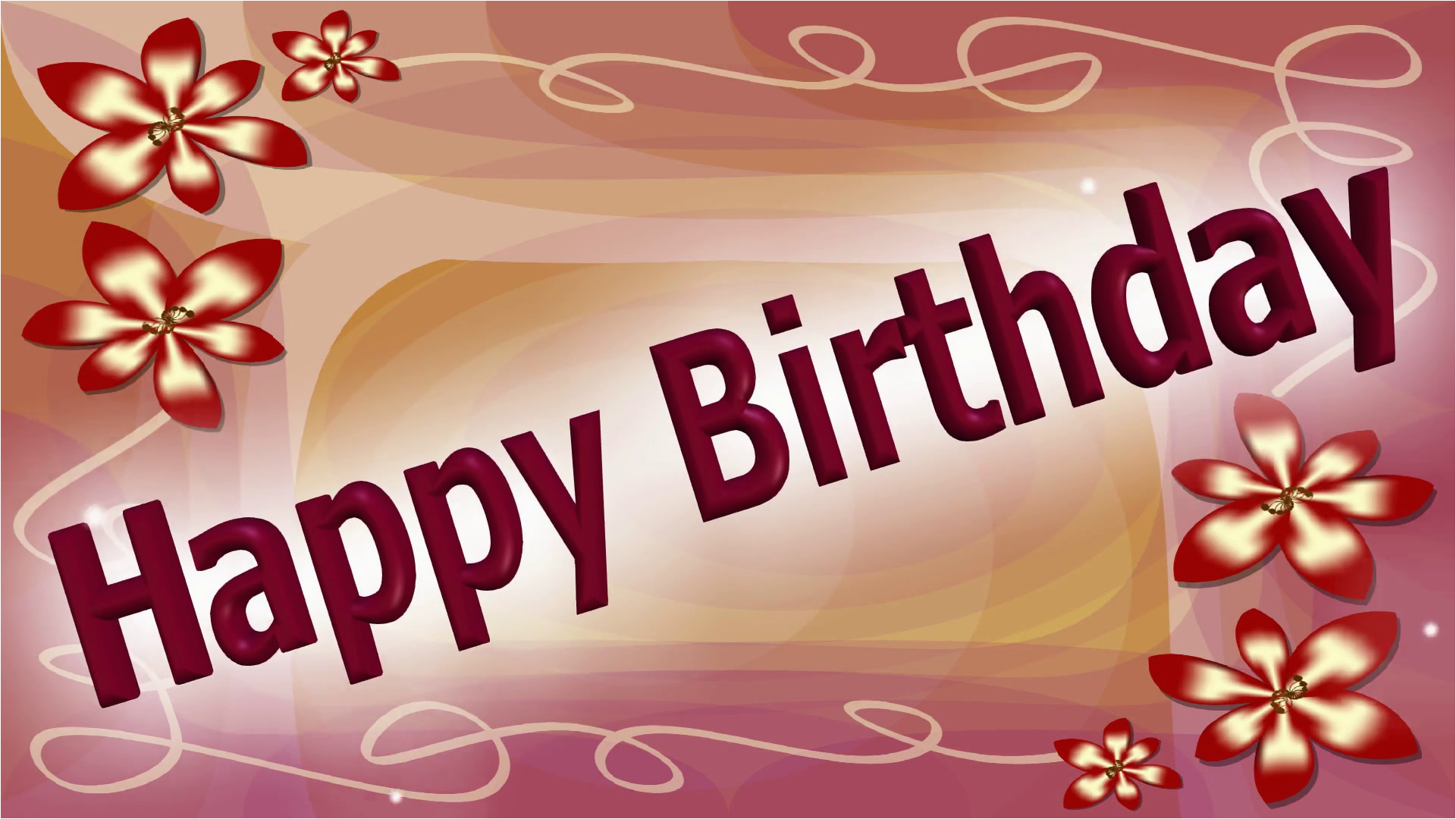 happy birthday banner with dancing and leaping letters on elegant pink abstract background with dark red flowers silver sparkle falling slowly over area buagh28mwj3ocb905