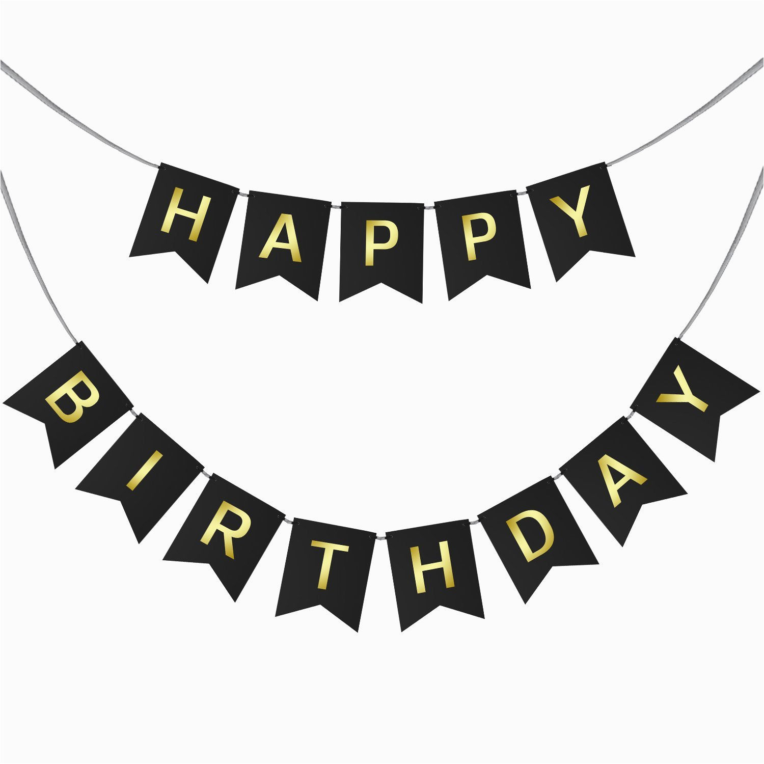 happy birthday swallowtail bunting banner for party decoration black background gold foiled letters classy luxurious decorations by ahaya 2