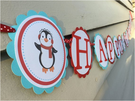 cool penguin happy birthday banner red