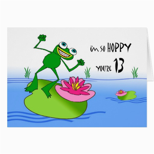 hoppy thirteenth 13th birthday funny frog at pond card 137521514822778732