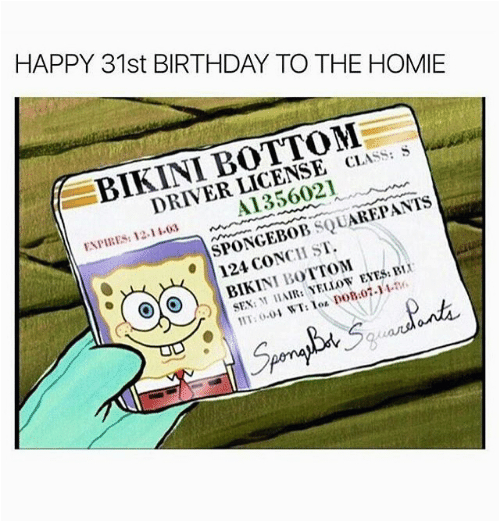 happy 31st birthday to the homie bikini bottom driver license 16791227