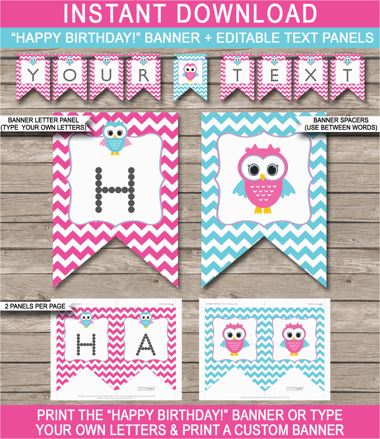 owl birthday banner template aqua pink