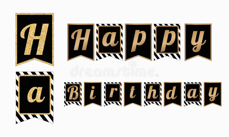 stock illustration happy birthday party banners flags stripes pattern black white gold glitter design elements image85621686