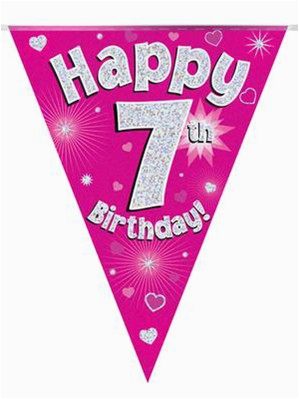 pink happy 7th birthday holographic flag banner 13596