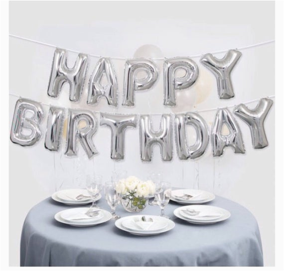 silver happy birthday balloon banner