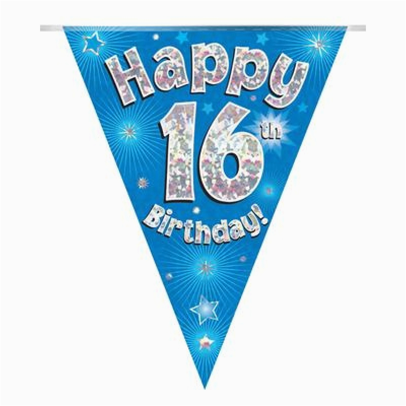 party bunting happy 16th birthday blue holographic 11 flags