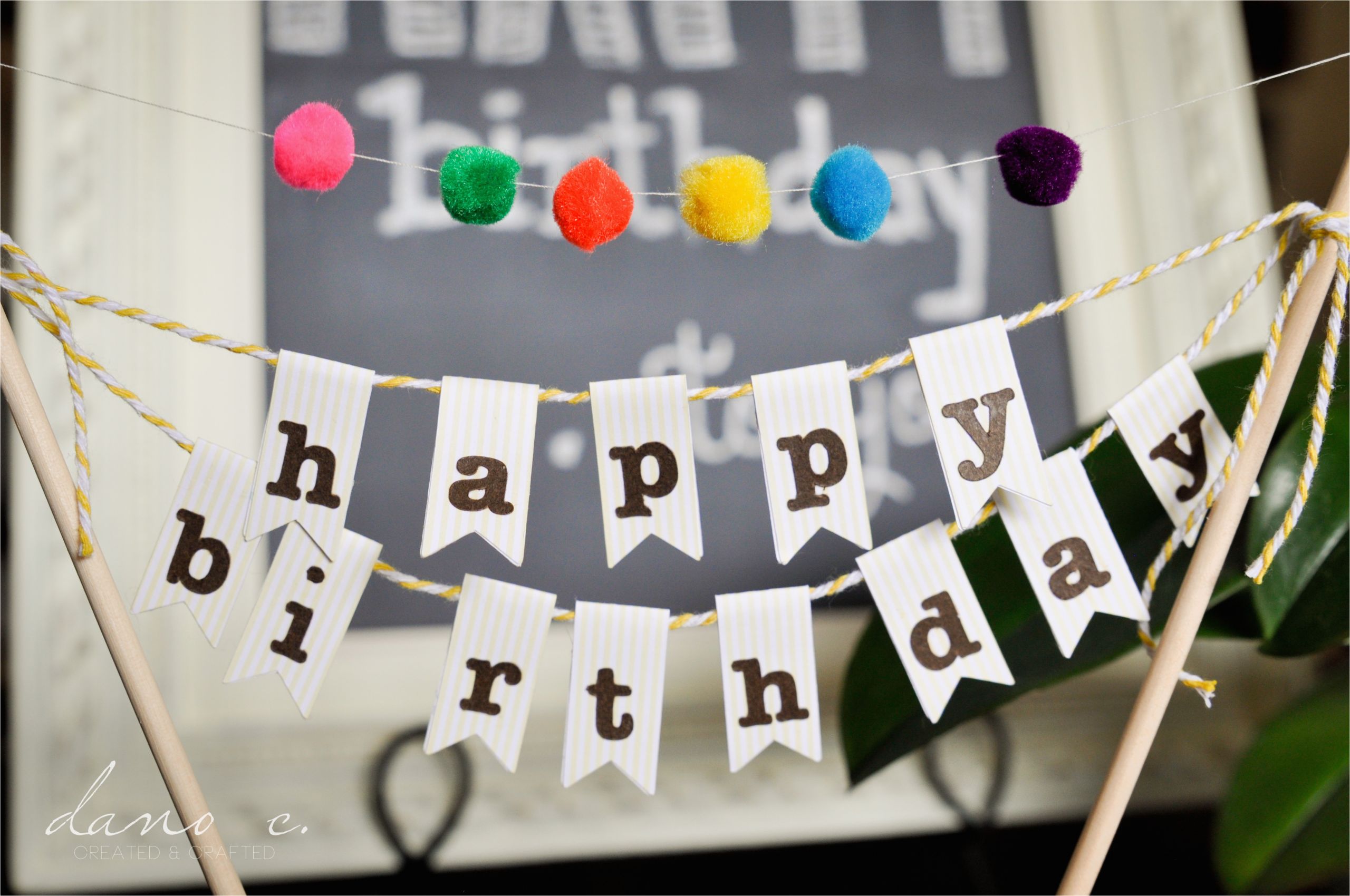 diy birthday cake banner with pom poms