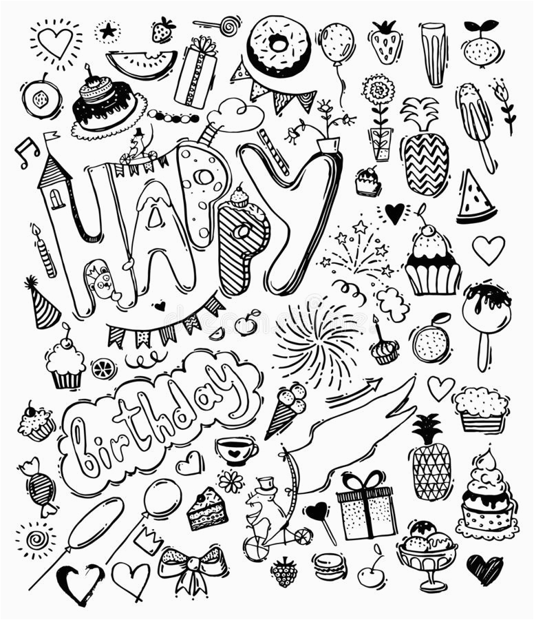 doodle hand drawn sketch set happy birthday design elements fruit cake balloons holiday decorations children s cute cartoon 153529624 jpg