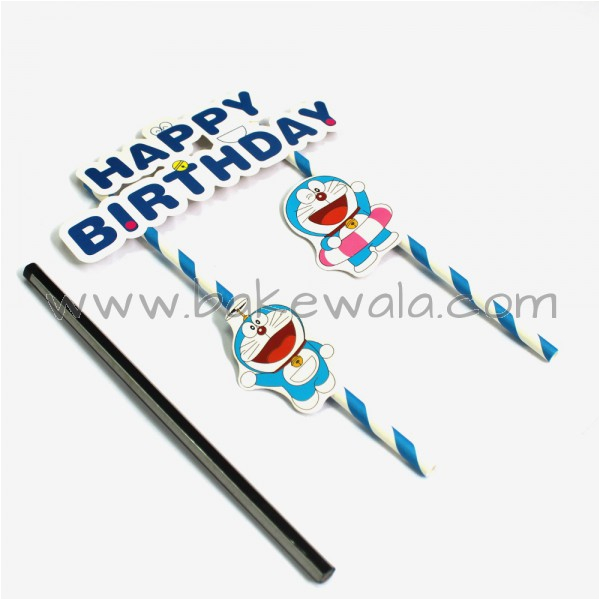 happy birthday cake banner bunting topper flag with paper straw doraemon