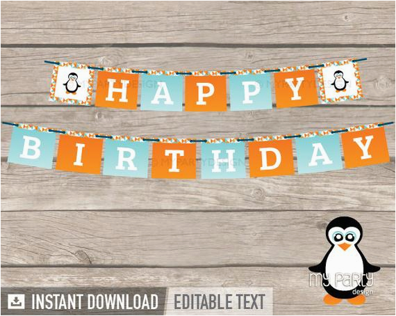 penguin party printable happy birthday banner