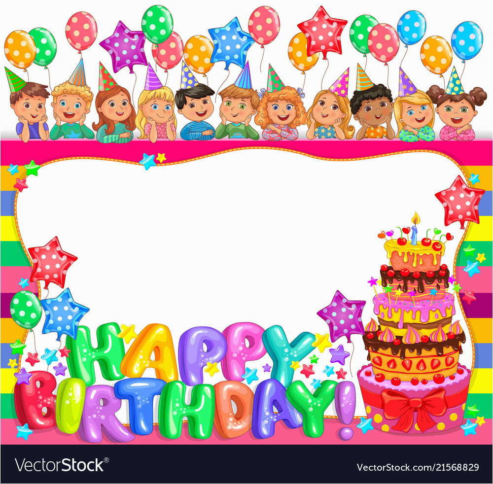 birthday bright frame with cake and cute kids vector 21568829