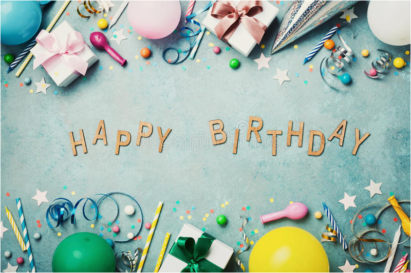 stock photo happy birthday banner colorful holiday supplies blue vintage table top view flat lay style image99032758