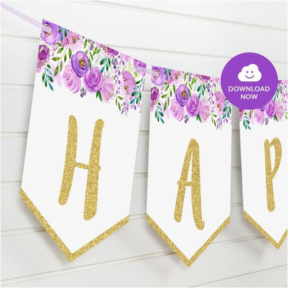 violet gold floral happy birthday bunting