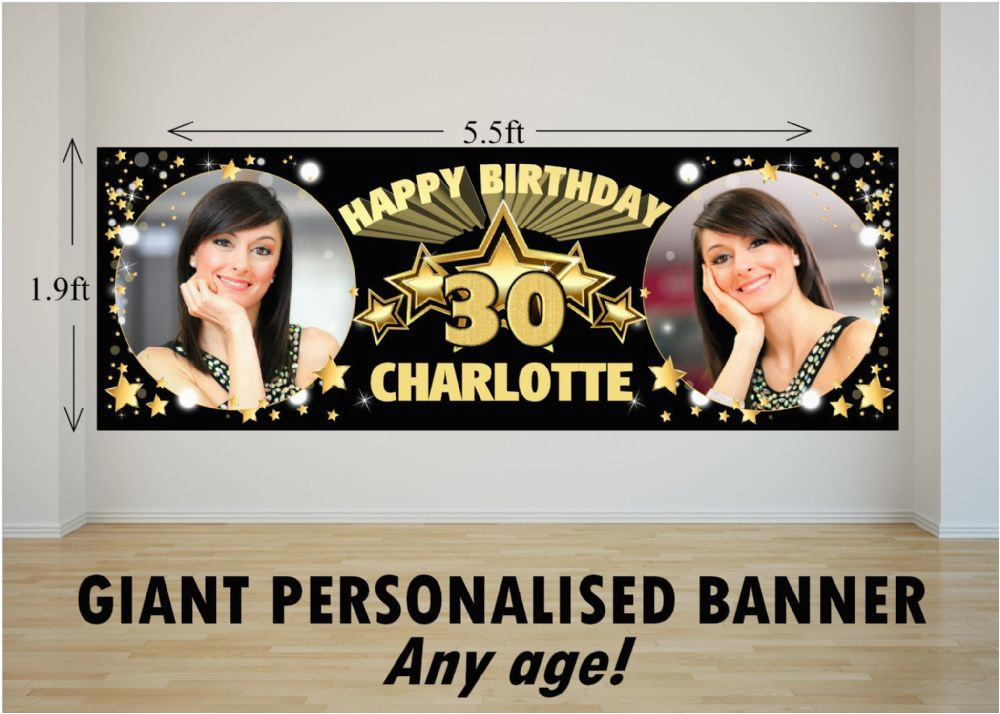 personalised giant large black gold stars happy birthday photo poster banner n48 any age 16166 p
