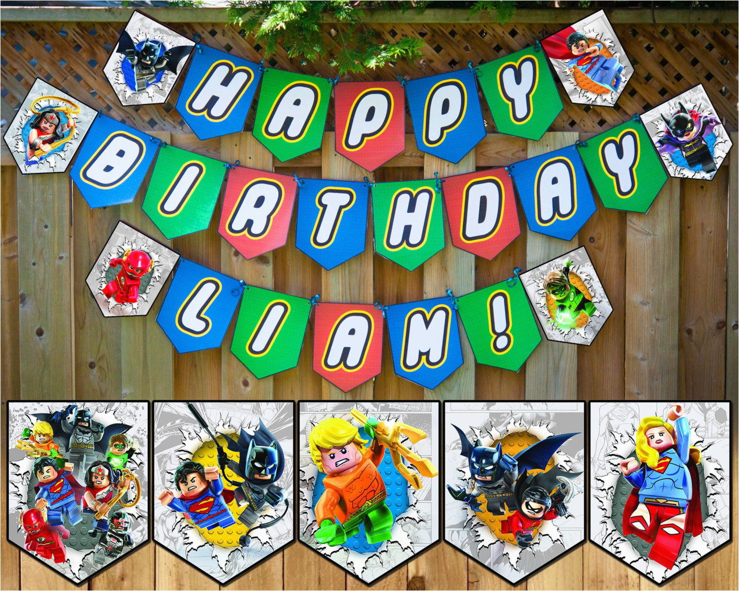 lego justice league inspired birthday banner lego justice league banner customizable lego justice league happy birthday banner lego bunting