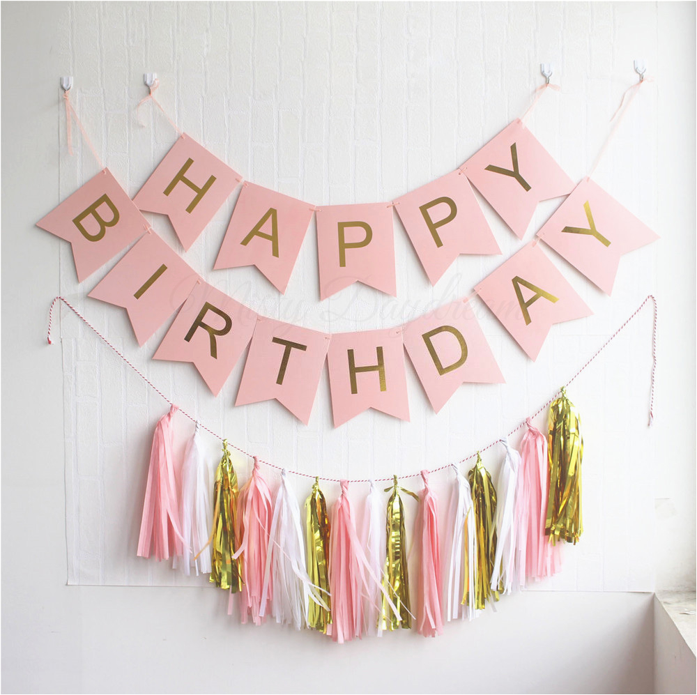 gold pleated happy birthday pink banner 15pc tassels kit light pink party theme