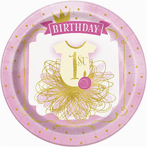 pink and gold 1st birthday party bundle plates napkins table covers banner and high chair decorating kit serves 24