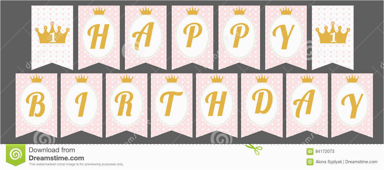 stock illustration cute pennant banner as flags letters happy birthday princess style printable template baby pattern pink gold design image84172073