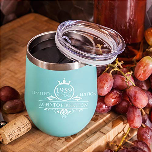 1959 60th birthday gifts for women and men funny vintage anniversary gift ideas for mom dad husband or wife party decorations for him or her 12 oz stainless steel wine glass tumbler with lid