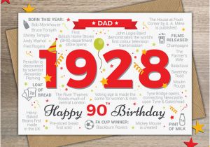 Birthday Card for 90 Year Old Man Happy 90th Birthday Dad Greetings Card Born In 1928 Year Of