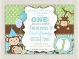 First Birthday Monkey Invitations Boys Blue and Green Monkey 1st Birthday Invitation