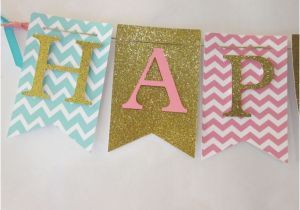 Happy 1st Birthday Banner Etsy Pink Teal and Glitter Gold Happy Birthday Banner First