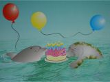 Manatee Birthday Card Dolphin and Manatee Happy Birthday Card W Cake Floating In