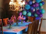 Party Ideas for 2nd Birthday Girl Balloon Wall and Vinyl Table Cloth In Blue Teal and
