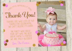 Photo Thank You Cards First Birthday First Birthday Thank You Card Pink Gold Glitter Thank You