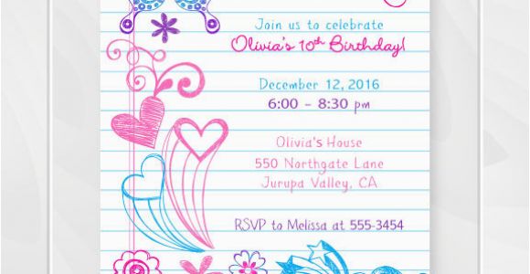 Tween Birthday Invitations Printable Free Notebook Doodles Tween Birthday Invitation Girl Birthday